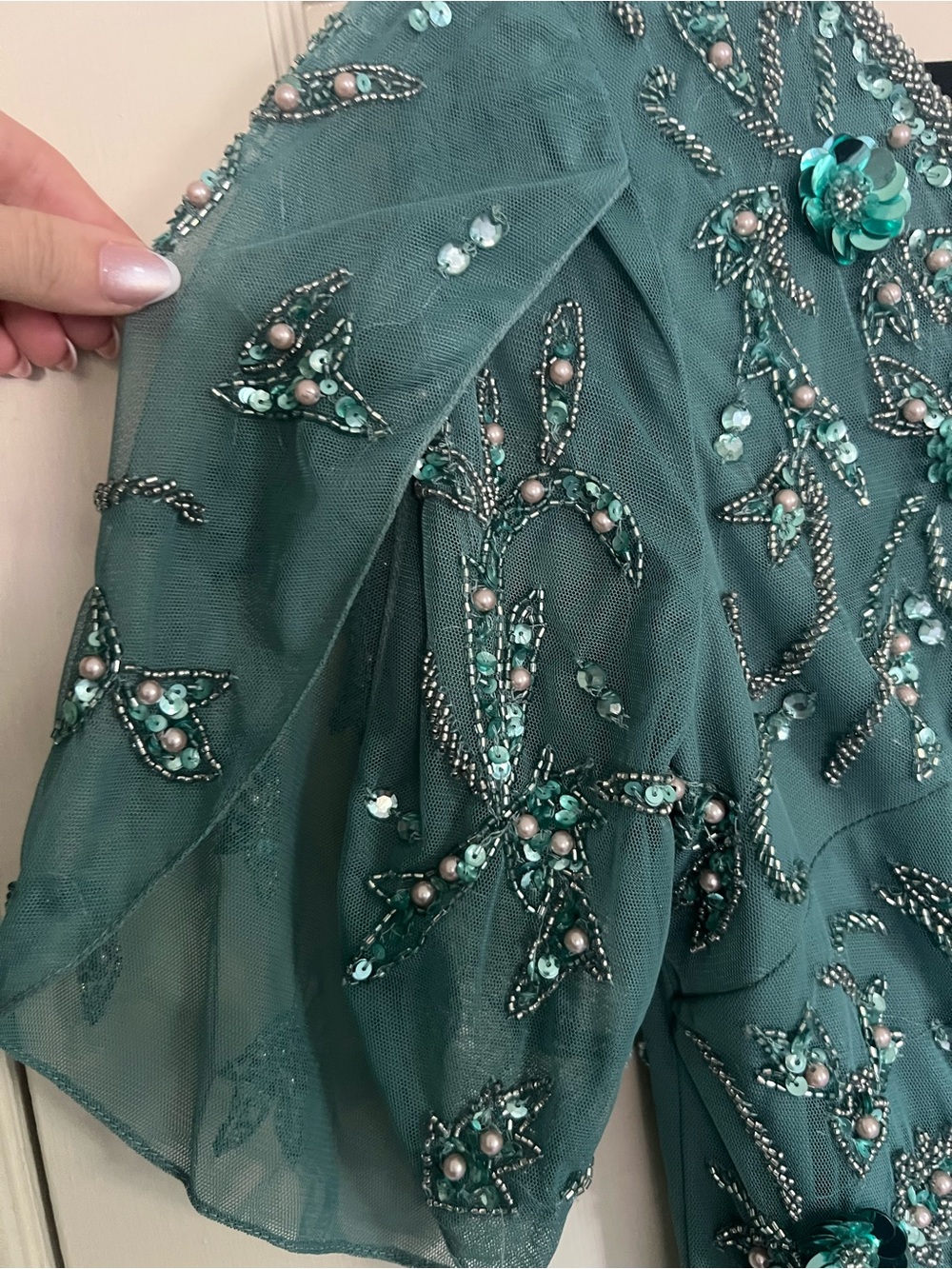 Adrianna Papell Teal Beaded V-Neck Mother of the Bride Gown - Picture 4 of 5
